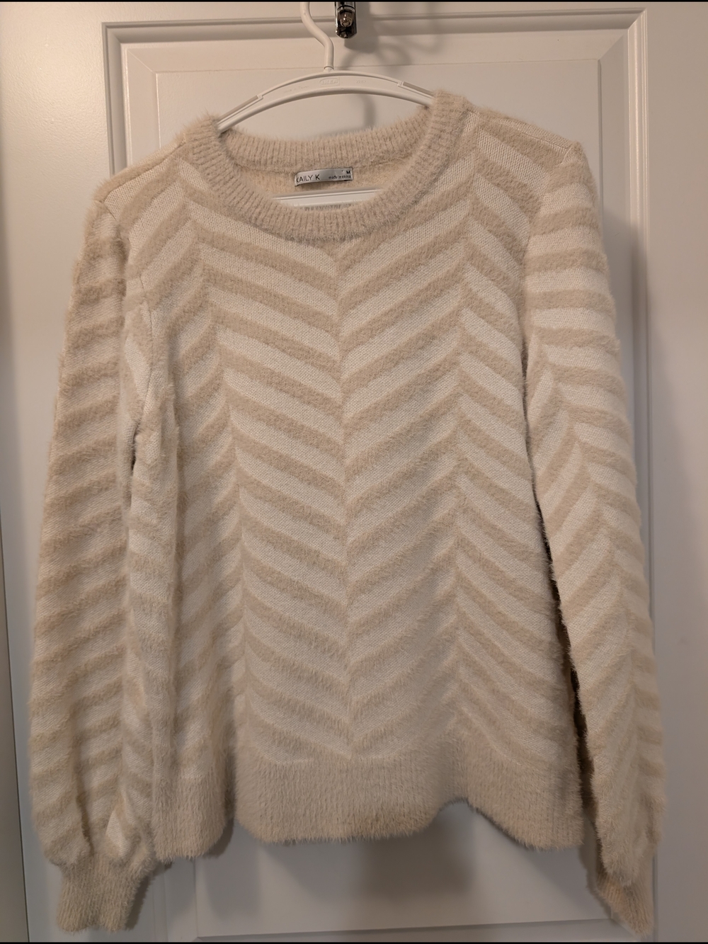 Cream and Beige Chevron Fuzzy Plush Crewneck Sweater